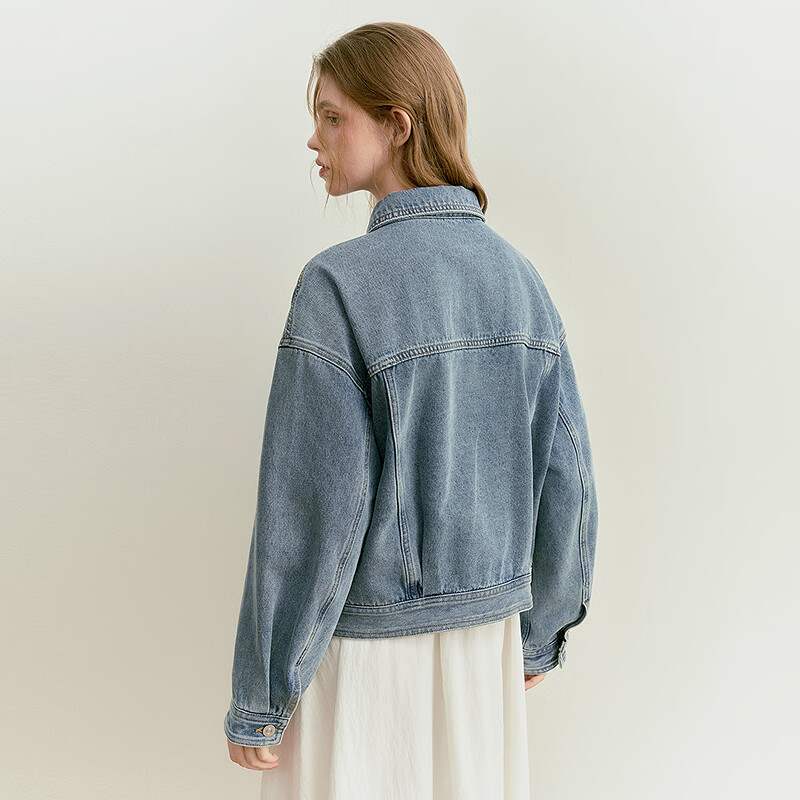 乐町韩系清甜短款棉牛仔外套2025春季新款宽松后背微兜设计上衣 牛仔中蓝（现货） XS