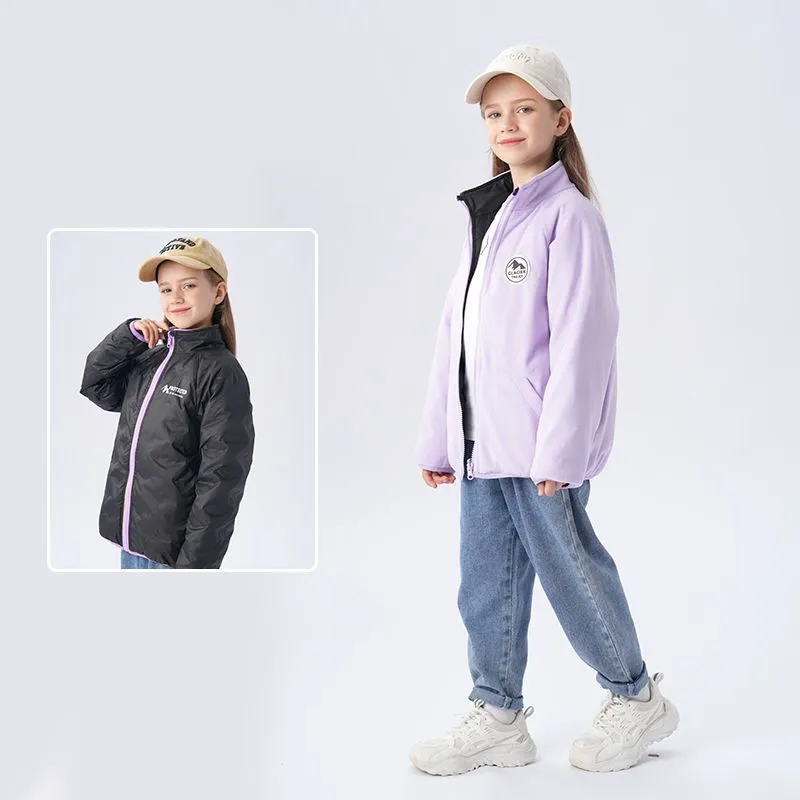 雅鹿儿童羽绒服2024新款双面穿摇粒绒外套中大童羽绒服校服神器 黑色羽绒+米白奥粒绒 175