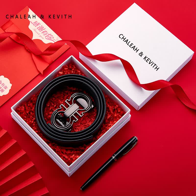 CHALEAH&KEVITH男士时尚高档皮带真皮新款男腰带自动扣牛皮休闲商务裤带潮年轻人 黑色-曜黑 130cm
