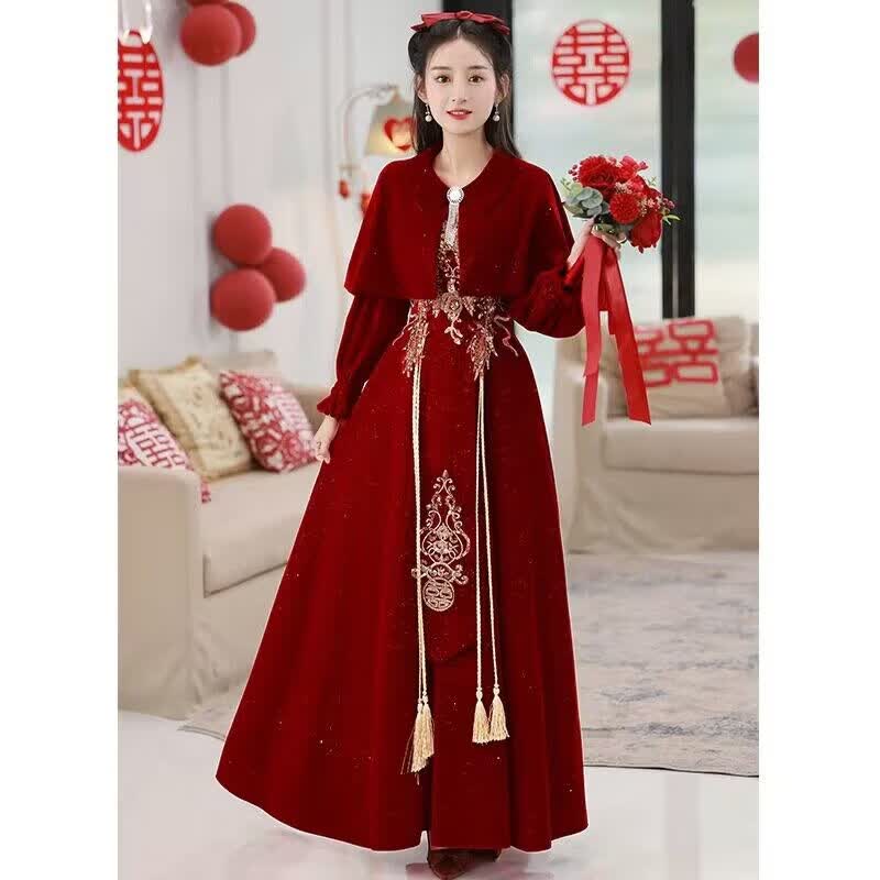 舒凯乐敬酒服新娘胖mm高级感 酒红色大码敬酒服新娘2023胖mm春季气质感 酒红色长款加披肩 5XL(175斤185斤)属于什么档次？