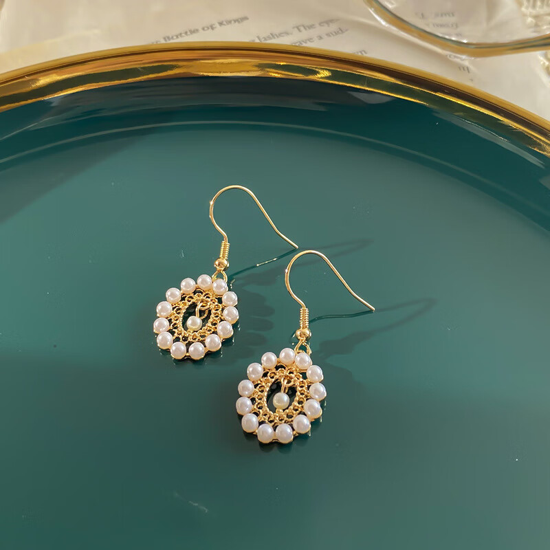 tmowo 925银巴洛克复古宫廷气质优雅蕾丝网状珍珠耳环耳坠