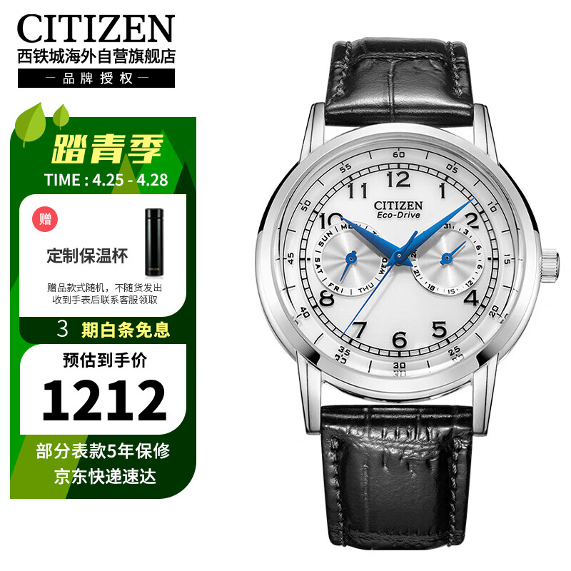 西铁城（CITIZEN）光动能机芯网红小蓝针双历显示时尚休闲防水皮带男表AO9000-06B