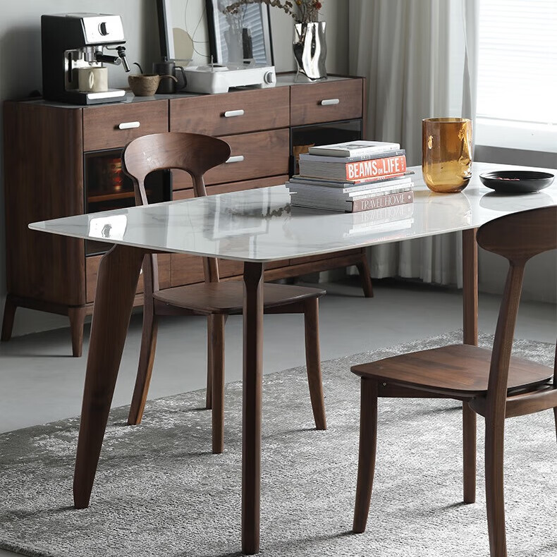 独家森活北美fas黑胡桃木全实木岩板餐桌长方形家用现代简约风格餐台