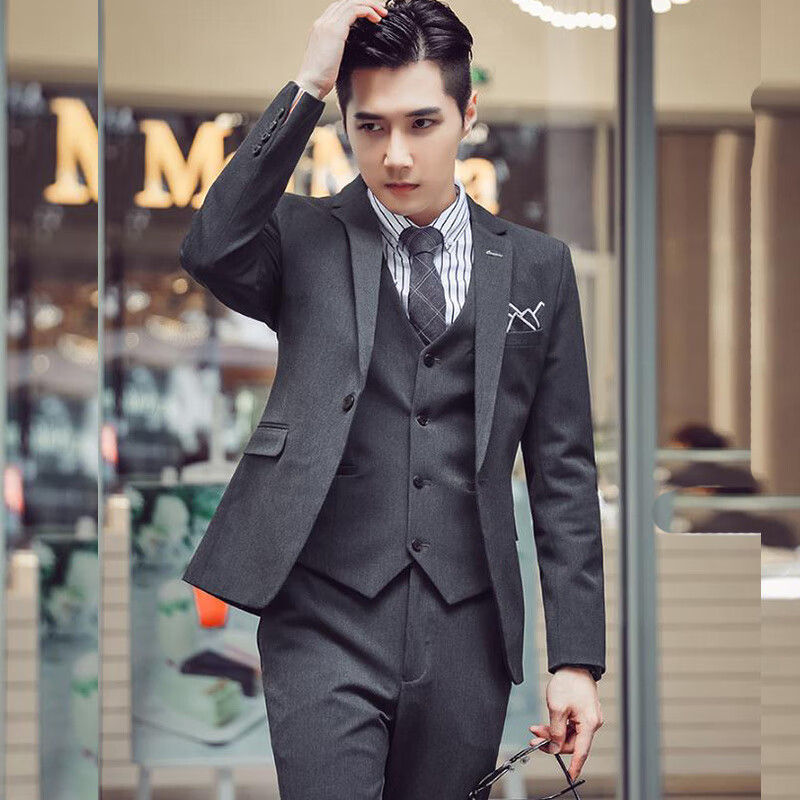 皮尔卡丹(pierre cardin)西服套装男士三件套韩版修身商务职业正装