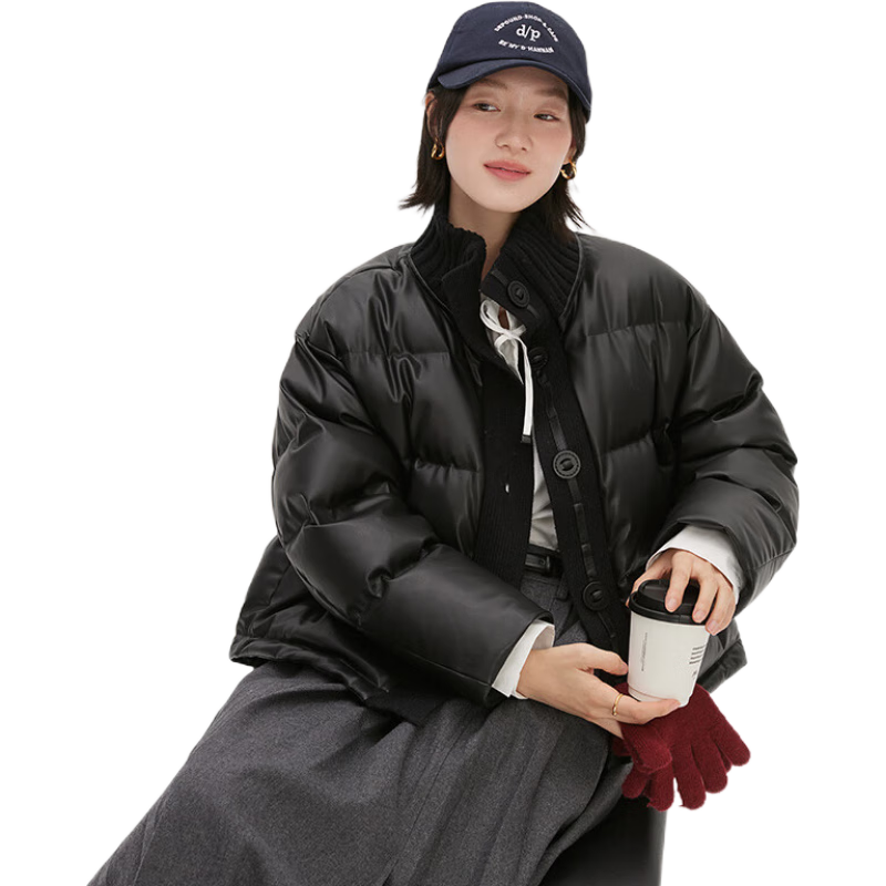 艾萊依（ERAL）羽絨服女士率性PU面料短款羽絨服女冬季新款時(shí)尚休閑百搭顯瘦外套 炭黑 S 155【建議80-110斤】