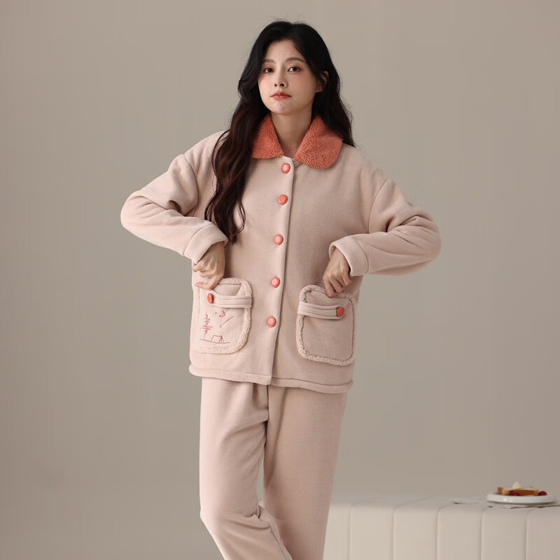 绮瑞女冬季珊瑚绒睡衣加厚三层复合绒秋冬女款时尚冬款家居服套装 杏色 2XL