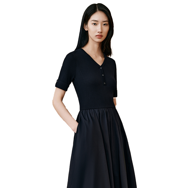 INSUN恩裳專選2025年夏季女裝時尚拼接冰絲A字連衣裙 藏藍 S 36