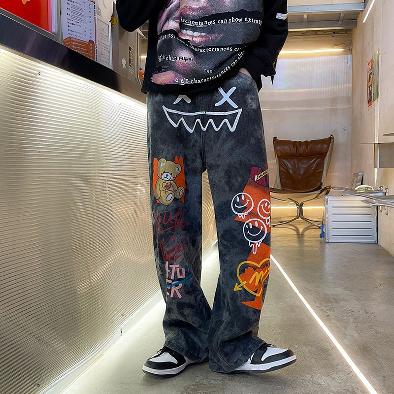 奈代鱼高街牛仔裤男日系个性宽松痞帅涂鸦牛仔裤男冬季美式hiphop阔腿