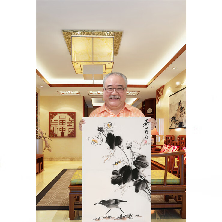 演艺界李嘉存二尺竖幅花鸟国画手绘名人字画装饰精品带带证书合影