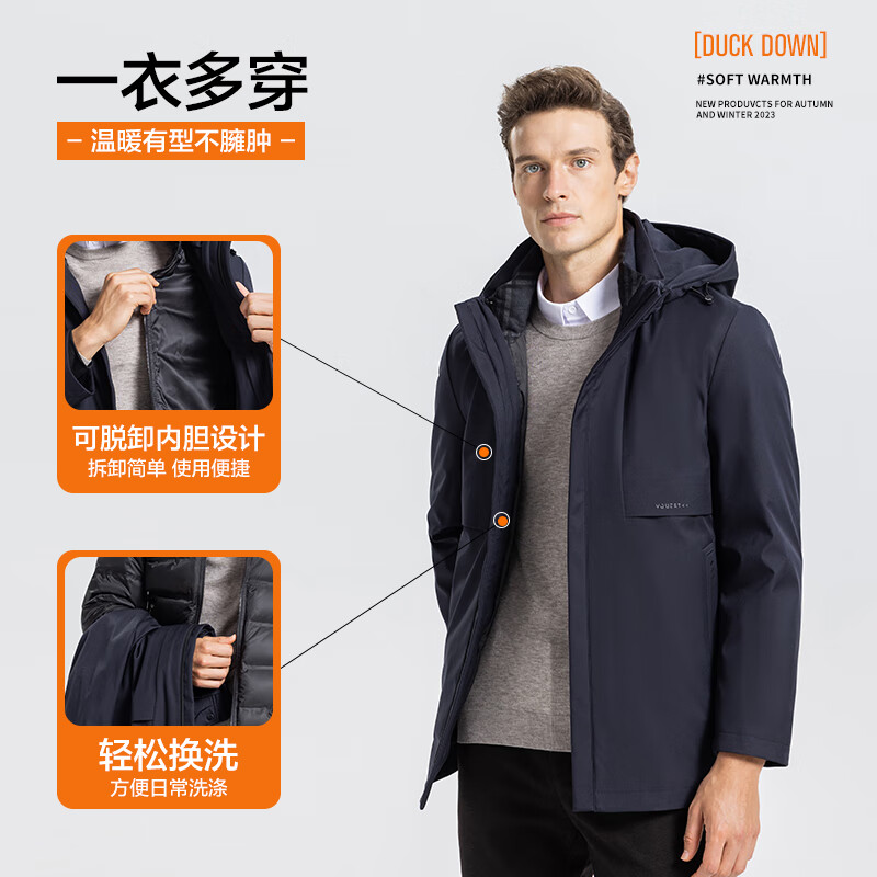 SHANSHAN杉杉【可拆卸内胆】三合一冲锋羽绒服男鹅绒外套加厚男士中长款外 藏青色 170