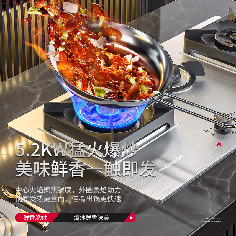 THOMSON法国汤姆逊 燃气灶天然气三眼燃气灶不锈钢煤气灶家用节能防干烧猛火灶大尺寸白色定时三头灶具 【天然气】铜火盖+加厚不锈钢R05