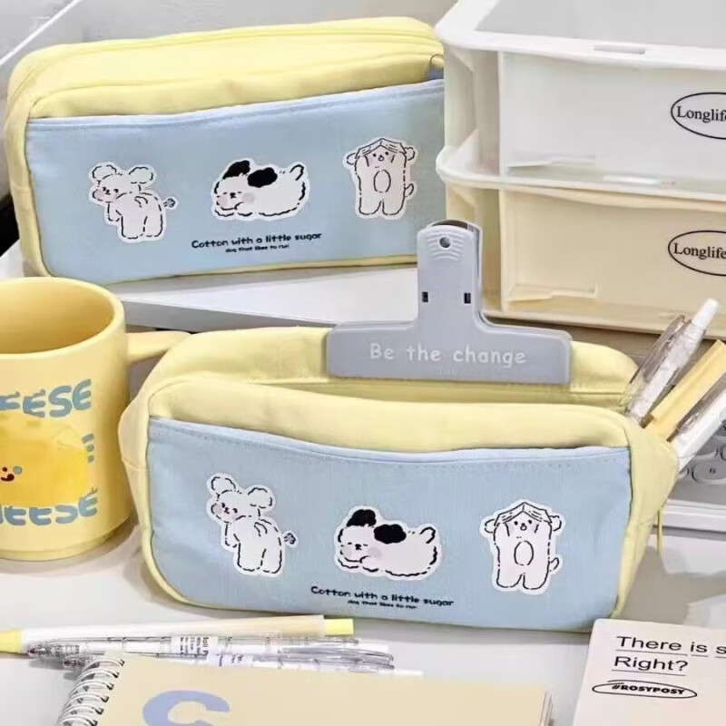 国誉【工厂直供】笔袋高颜值帆布大容量女小学生初中高中简约日系铅笔 三只小狗笔袋-黄色-1个(袋装)