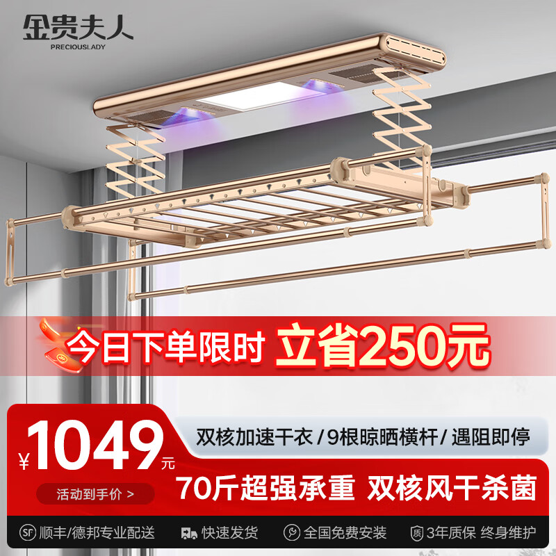 金贵夫人电动晾衣架阳台升降自动晾衣机伸缩四杆晾衣杆风干杀菌智能遥控晒衣架凉衣架 X4-FS香槟金 升级9根横杆+加速风干杀菌+全国上门安装