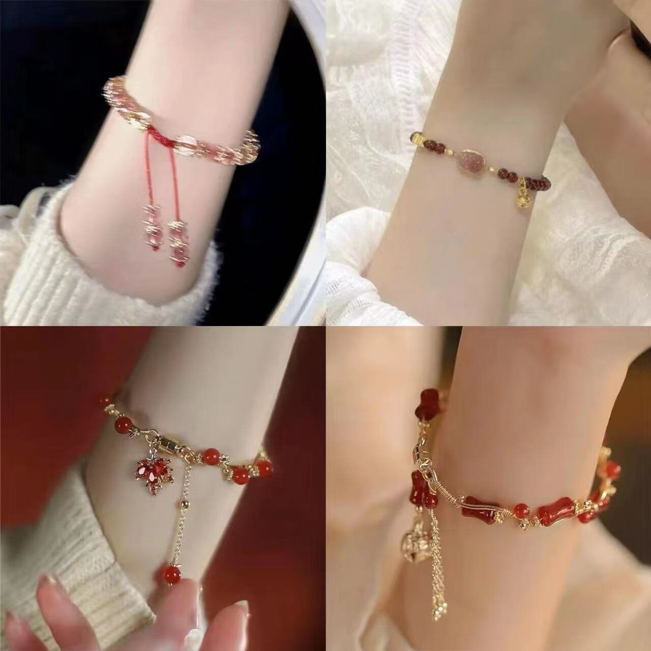 艺枼 yiyered珊瑚三股手链时尚2024新年红色红串珠手链手串设计感气质