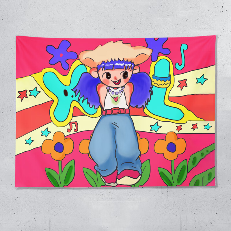 音乐少女挂布卧室床头墙布直播租房改造宿舍装饰挂毯 音符美少女 横款