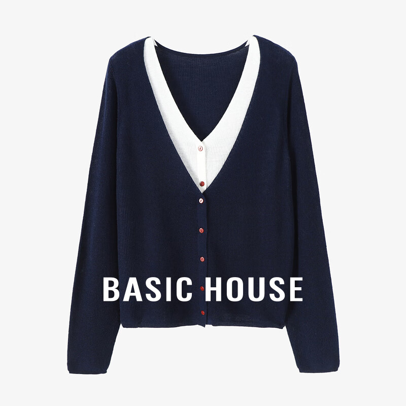 Basic House/百家好绵羊毛假两件针织开衫秋季新款慵懒风撞色上衣 藏青色 M （105-115斤）
