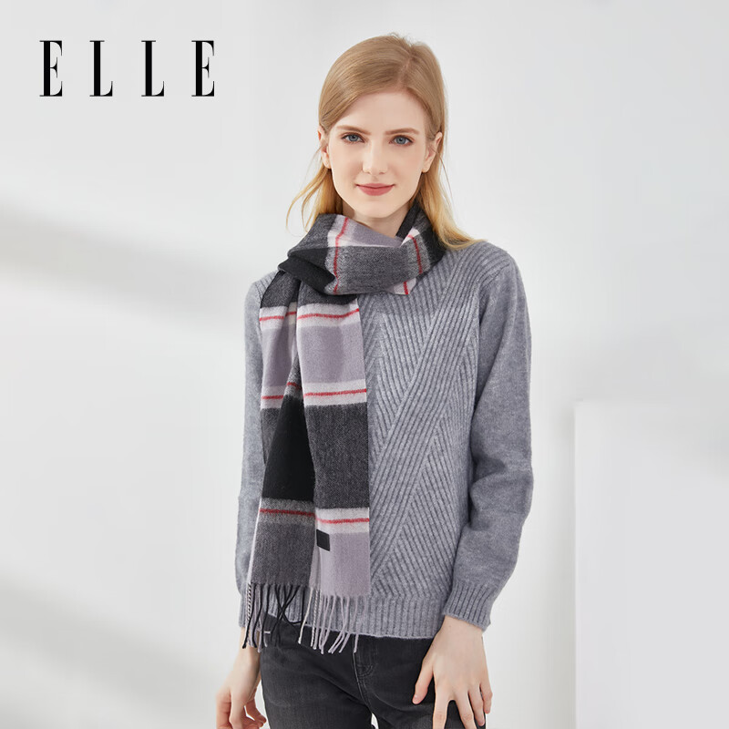 ELLE100%绵羊毛围巾女士秋冬季户外时尚百搭保暖长款格子披肩围脖 黑灰色