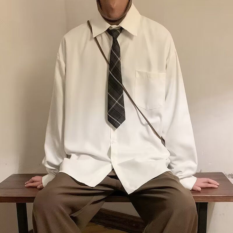 奈代鱼低领衬衫男士休闲大领口纯色白色衬衫男日系大码宽松休闲潮流内