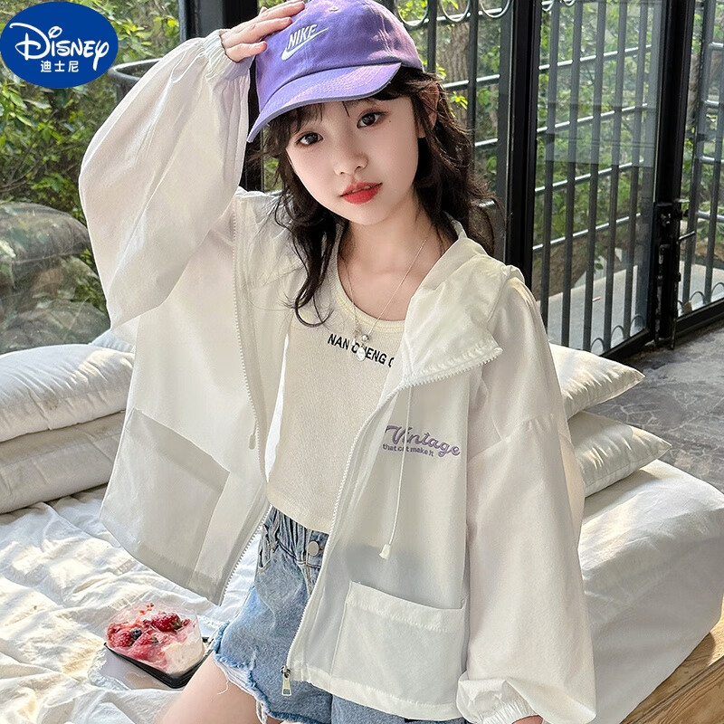 迪士尼（Disney）防|晒衣女童夏季薄款2025新款儿童透气外套大童宽松冰丝透气防|晒 白色 120