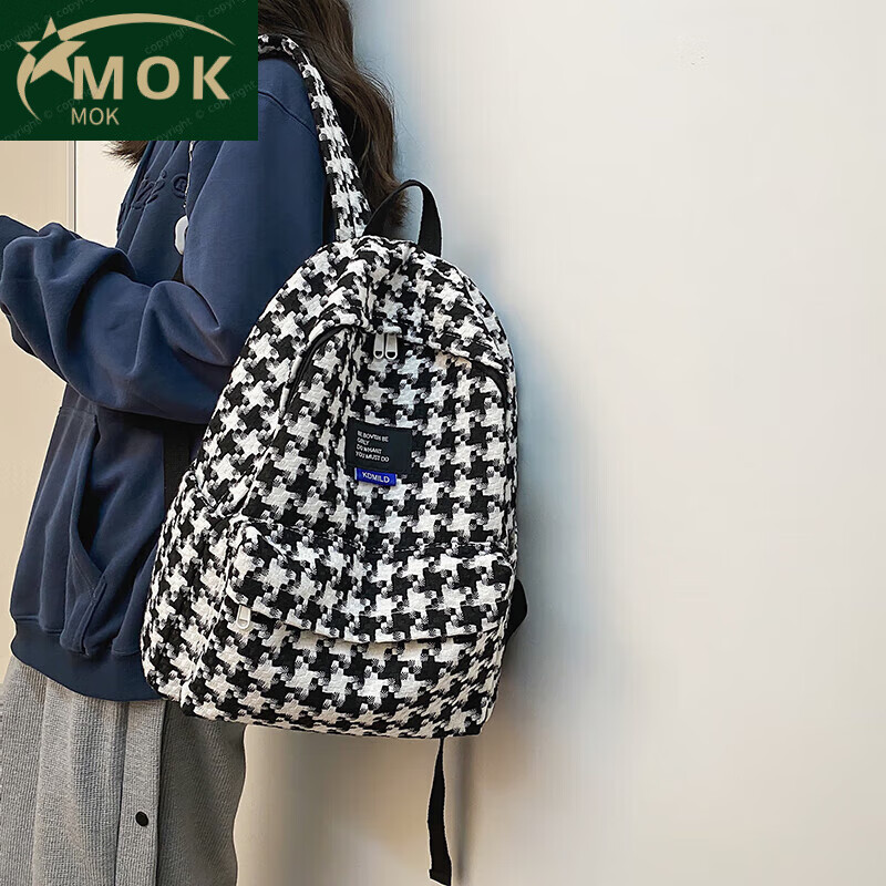 mok克莱因蓝千鸟格书包女大学生简约时尚女生背包休闲百搭格子双肩包