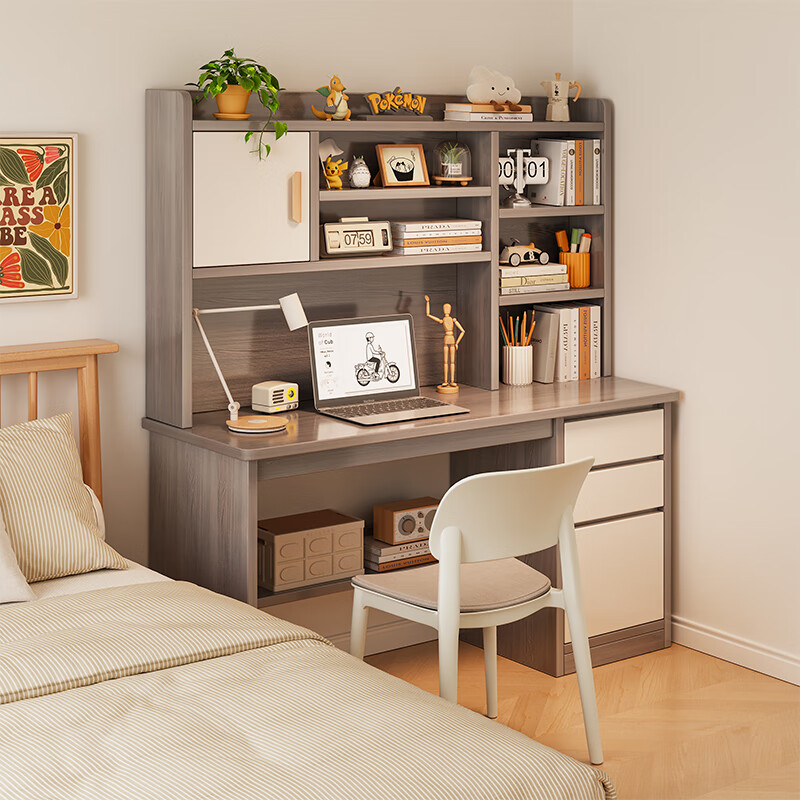 繁鹏电脑桌台式书桌书柜书架一体家用办公书桌工作台卧室写字学习桌子 【桌椅套装】尊享款雅灰色120CM