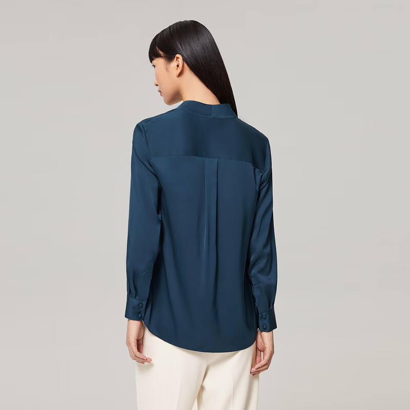 OVV【重磅真丝】OVV2022秋冬新款女装22姆米双乔荡领收腰长袖衬衫 深蓝B1 XS