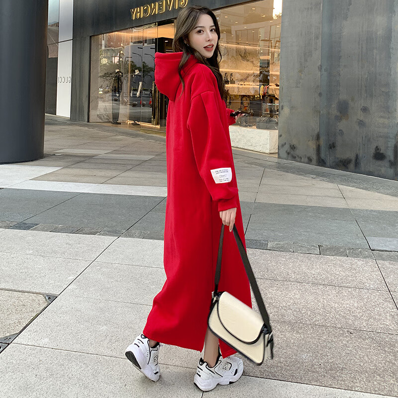 impresswit300斤长款卫衣女秋冬款2023新款减龄显瘦加绒加厚连帽卫衣