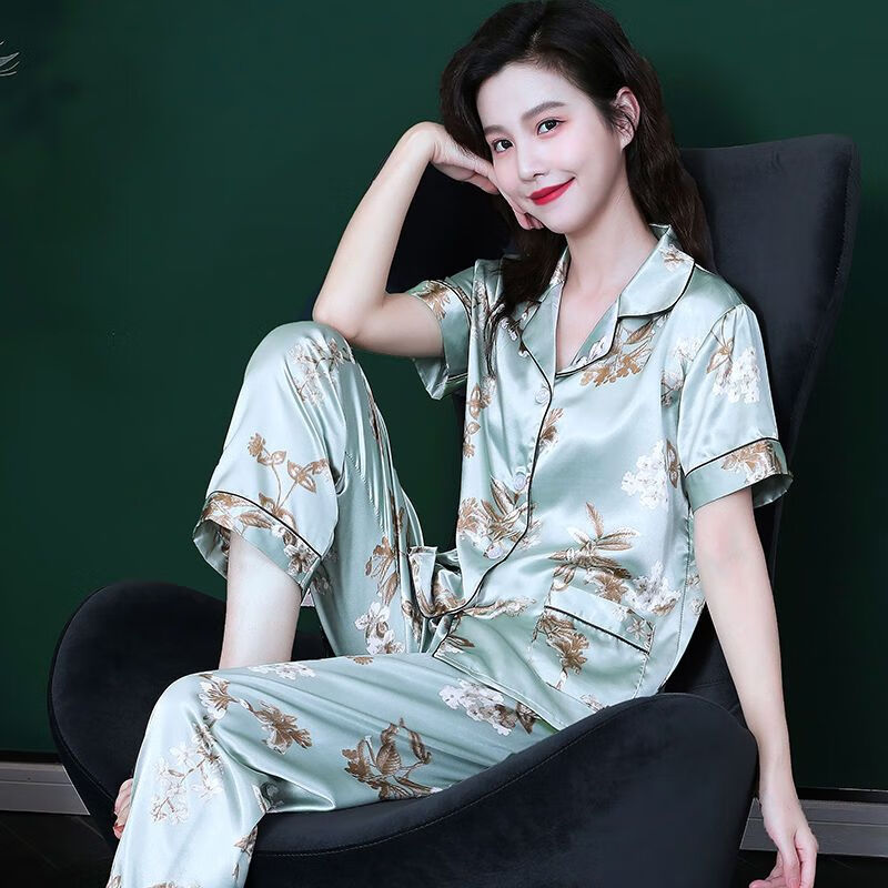 莫代尔睡衣女士夏季新款冰丝短袖长裤仿真丝韩版夏天薄款宽松家居服套装 短长苏梅点点香 XL （120-135斤）