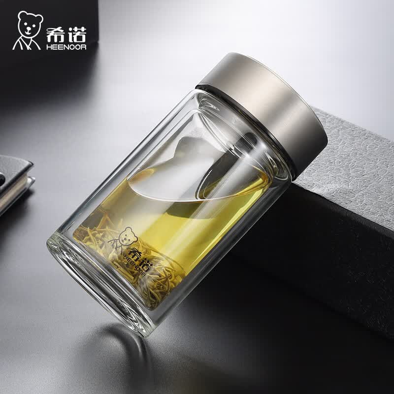 希诺(HEENOOR)玻璃杯单层加厚大容量带滤网水杯女便携带盖办公泡茶杯男家用杯子 带滤网【升级磨砂杯盖】 240ml