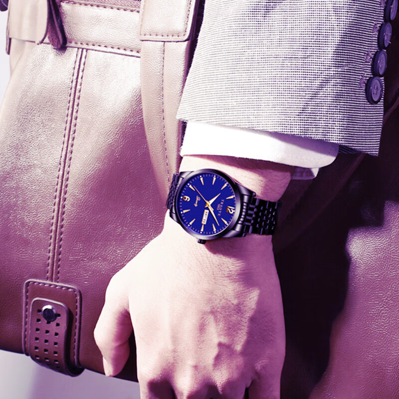 CLNAI时尚潮流男表防水夜光双日历星期钢带大气男士手表男款考试腕表 间金白面【日期+星期+夜光】 39mm