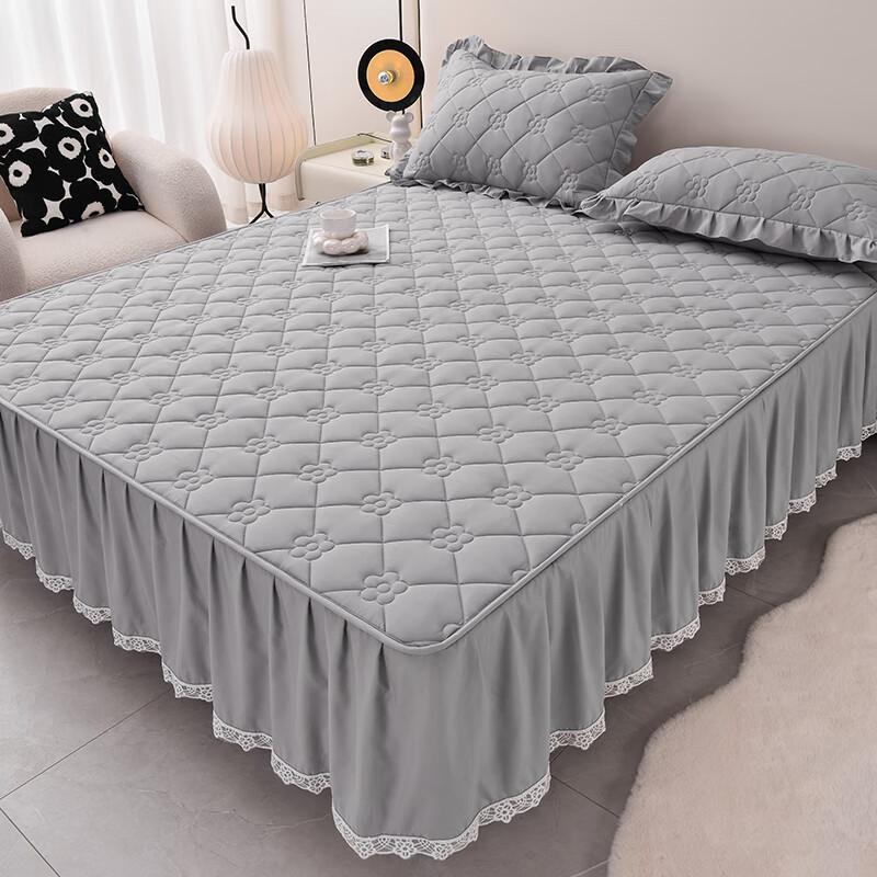诸禄家纺 床笠式床裙二合一四件套A类原棉夹棉床罩床围裙四季2025新款 太阳花-夜灰 床裙款 2.0m四件套