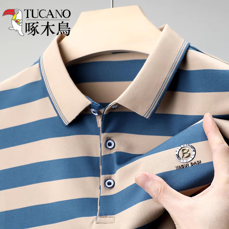 啄木鳥（TUCANO）純棉男士短袖t恤2024新款夏季中年寬松翻領(lǐng)polo 衫條紋半袖體恤男 【短袖】601蘭色 170/L 建議120140斤