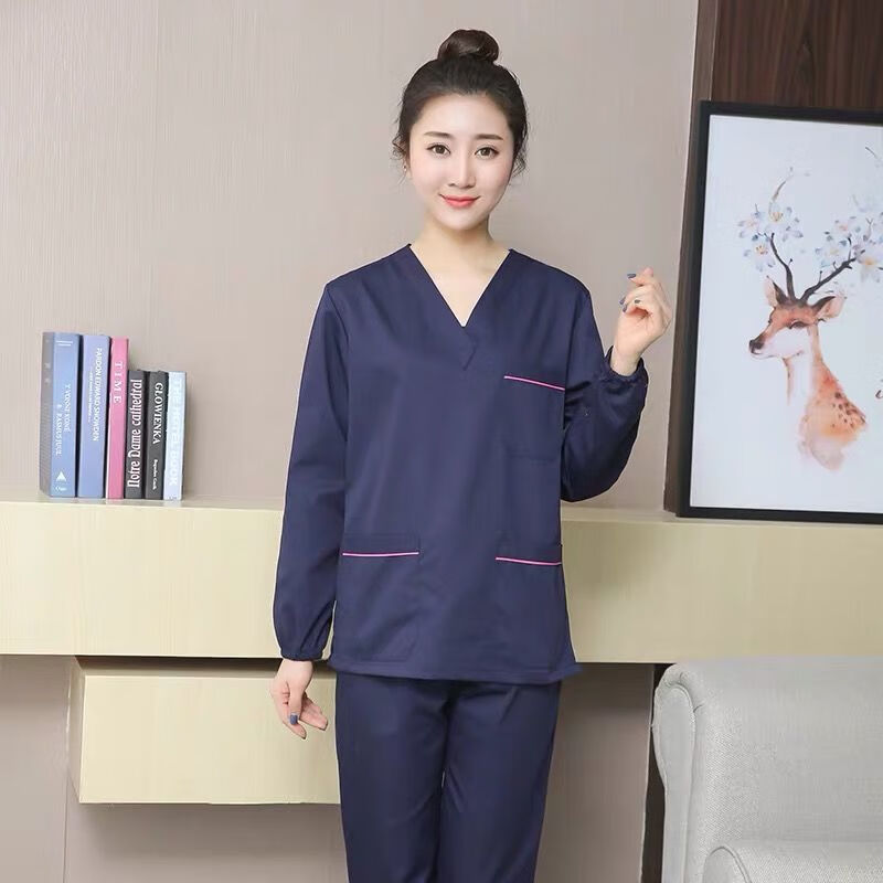 齐刻医生内穿衣服女长袖手术室洗手衣洗手衣女短袖圆领白边长袖刷手衣