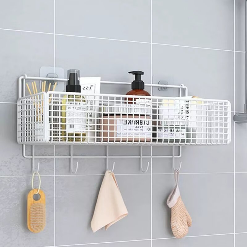 【现发】卫生间置物架免打孔浴室壁挂洗漱淋浴房墙上收纳厕所用品 黑超大号1个排勾1个无痕贴