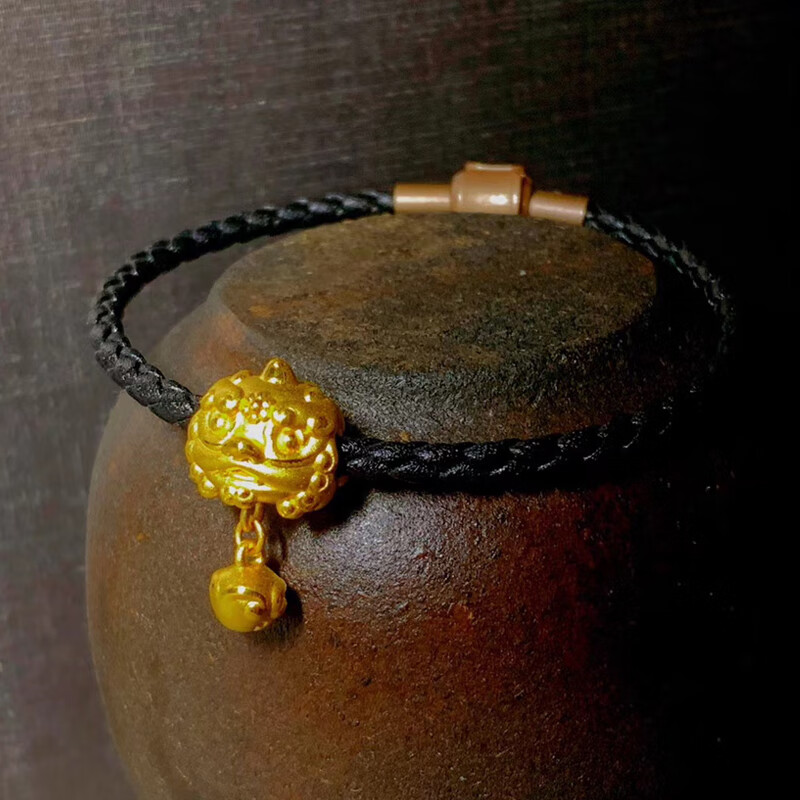 福韵礼硬金醒狮转运珠手链男士黑绳足金喜狮黄金路路通皮绳红情人节