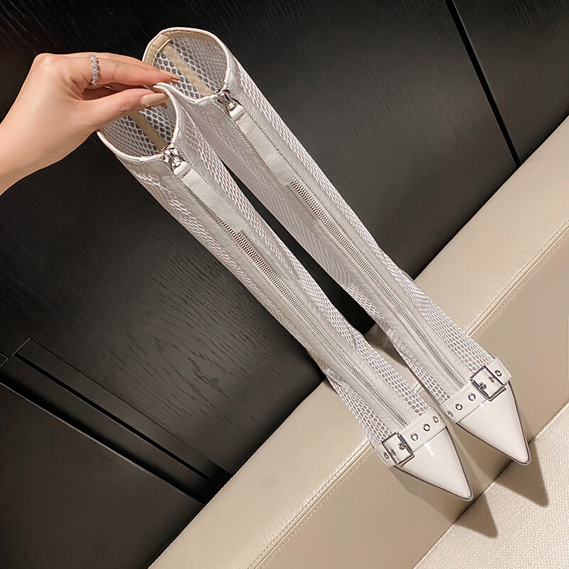 靴子女长款高跟显瘦尖头粗长靴薄款高筒网靴长筒凉靴网纱镂空 白色 34