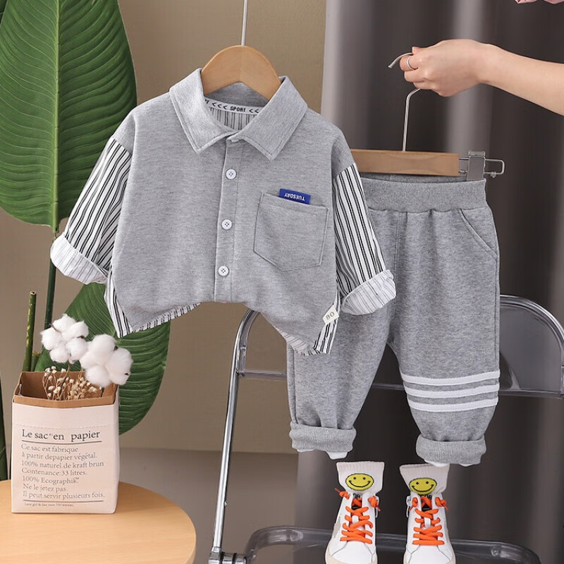 G.duck童装男童套装春秋季一岁宝宝衣服纯棉衬衣两件套1-3岁4儿童运动服 灰色 120 (建议身高110cm 6-7岁)