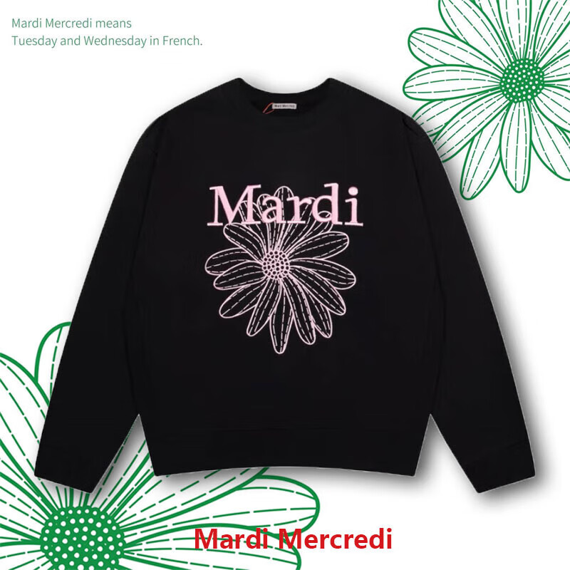 OEING&amp;mardi官方直营mardi卫衣小雏菊男女秋冬加绒薄款董洁印花刺绣 黑色粉花刺绣国内现货 均码