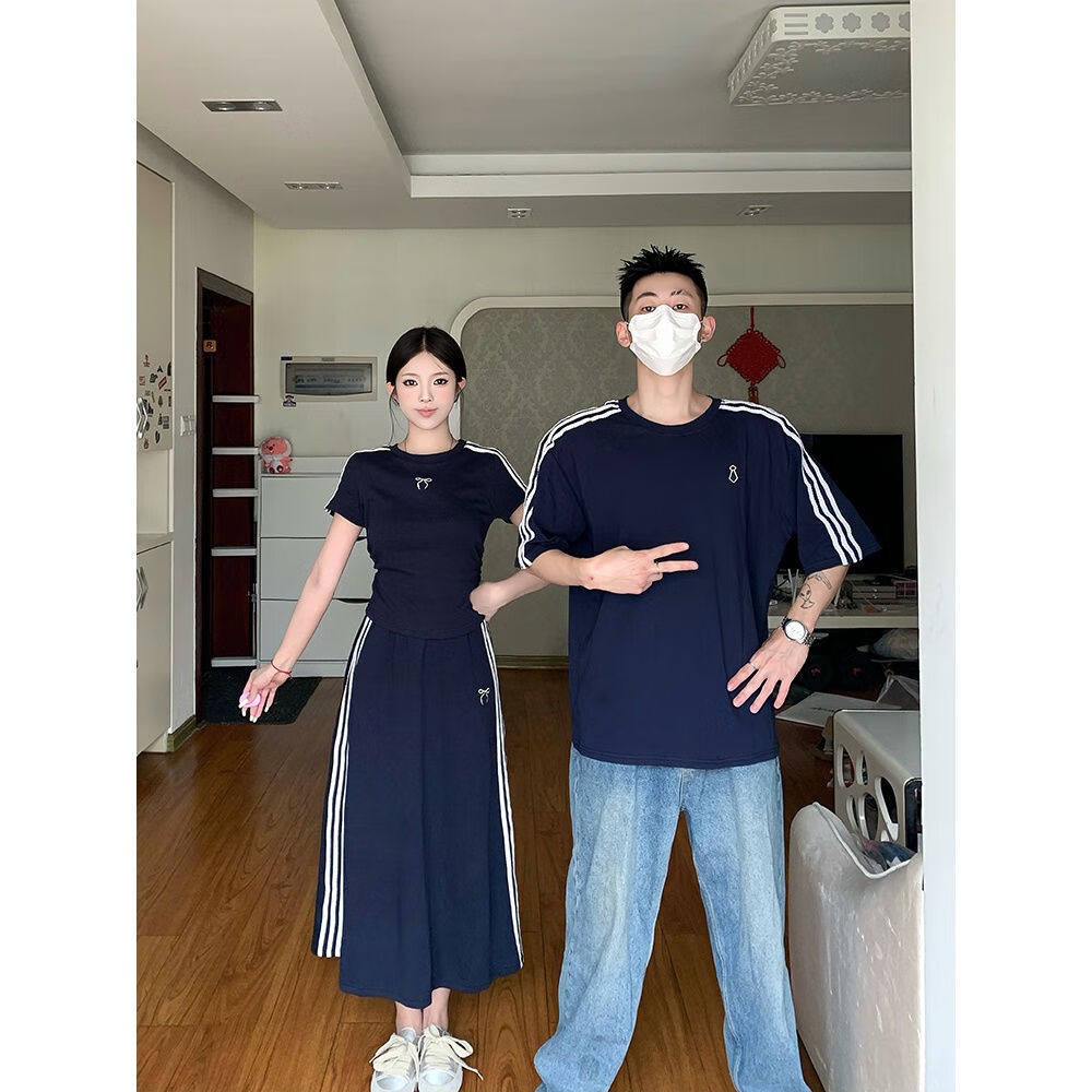 幻领格情侣装衣服一女一男 情侣款夏小众设计感百搭蝴蝶结刺绣短袖t恤