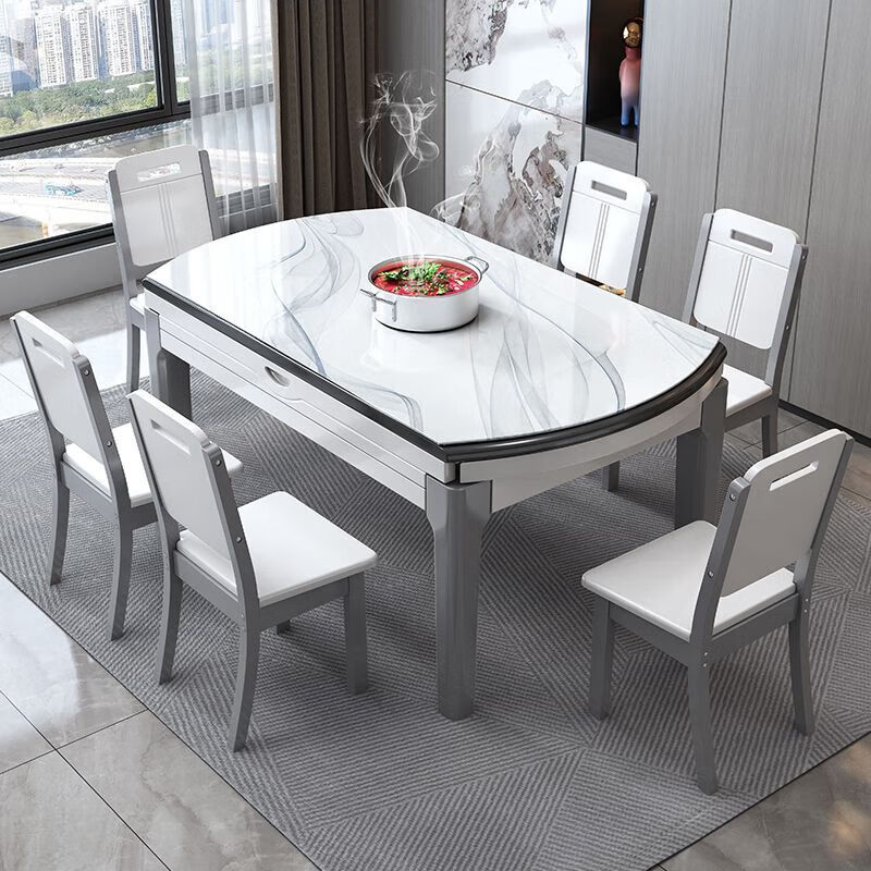 梵森荣2026新款岩板餐桌椅组合现代简约家用带电磁炉可伸缩方圆两用饭桌 黑白+雪山白亮光 1.35m  +8餐椅(皮椅)