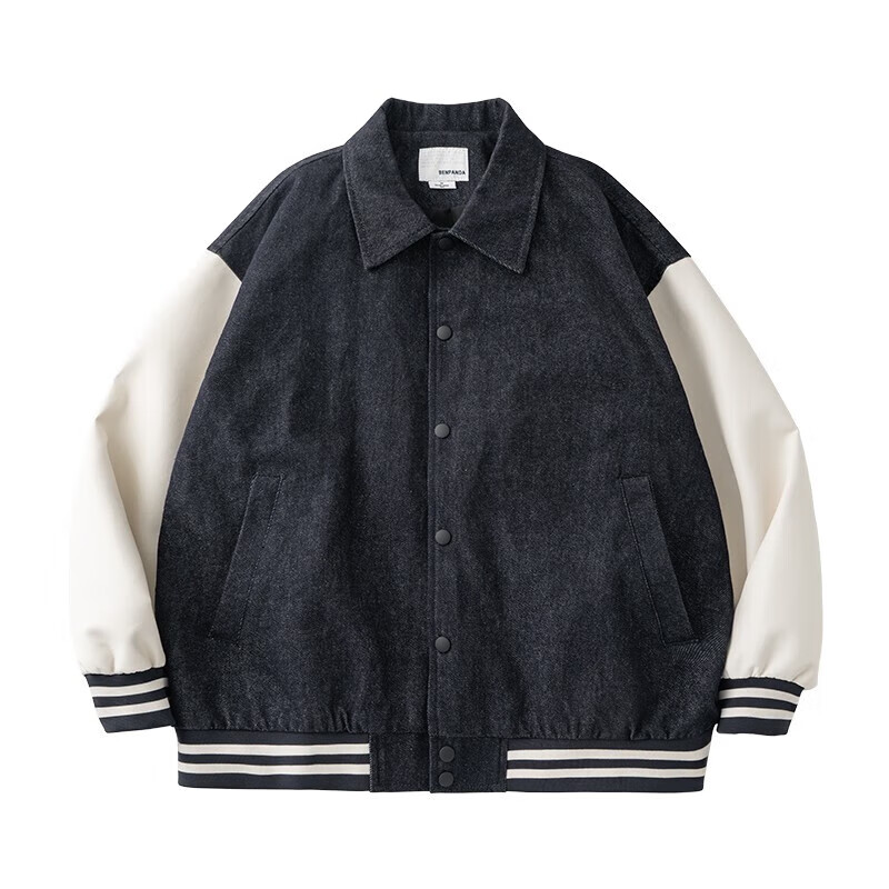 ben.panda熊猫本夹克男牛仔拼皮撞色棒球服 兰色 2xl