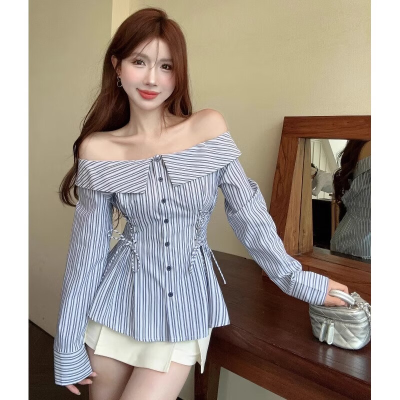 丝克诺依 一字肩系带条纹衬衫女春装纯欲辣妹一字肩衬衣上衣设计感