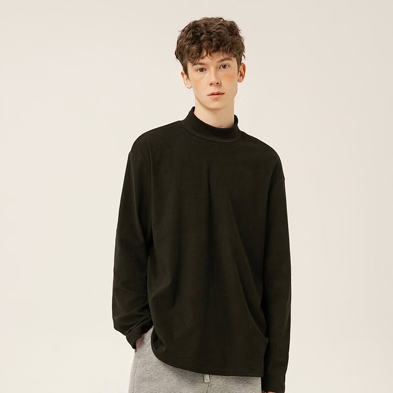 黑鲸海澜之家旗下潮牌半高领打底衫男冬季加绒保暖内搭t恤 黑色 XL