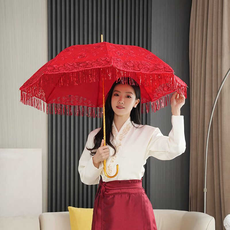 懿儱佩新娘傘高級(jí)流蘇出門紅傘結(jié)婚出嫁婚慶婚禮用長柄紅色雨傘 流蘇新娘傘