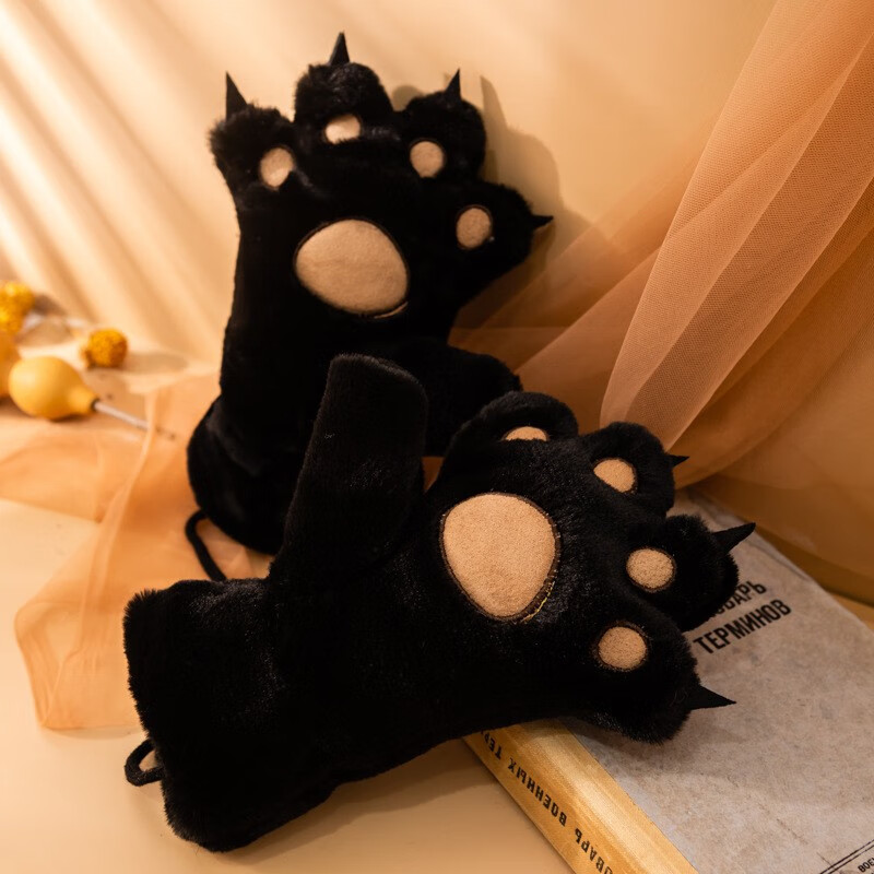 毛绒猫爪手套冬季户外保暖手套网红猫咪手套加绒加厚手套暖和 黑色