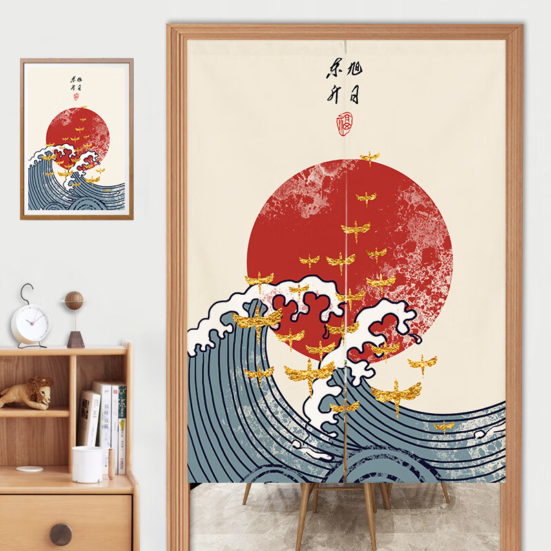 日式门帘半帘饭店后厨厨房商用猫布艺挂帘和风 旭日东升 宽65高90送