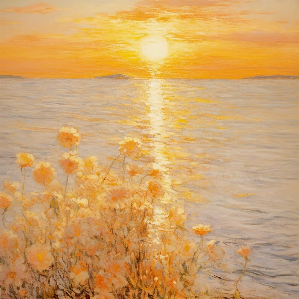 莫奈名画风景海上日出东方手绘油画奶油风客厅装饰画大海玄关挂画