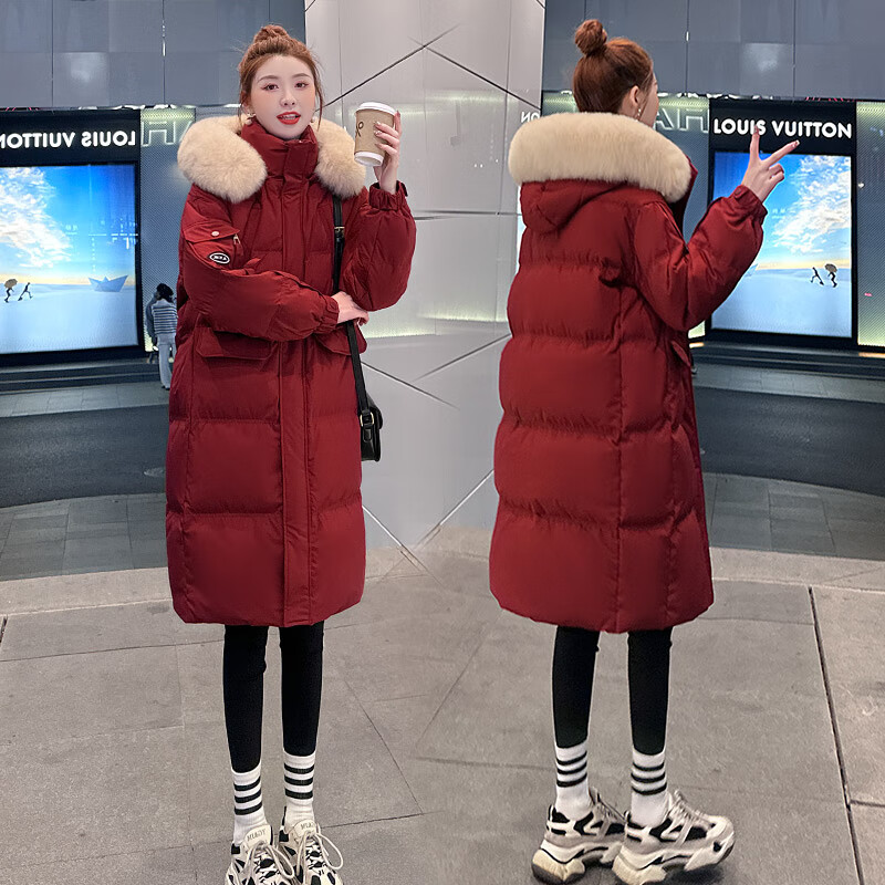 命年衣服女龙年女冬羽绒服红色款季新款大毛领中长款过膝时尚 朱砂红2