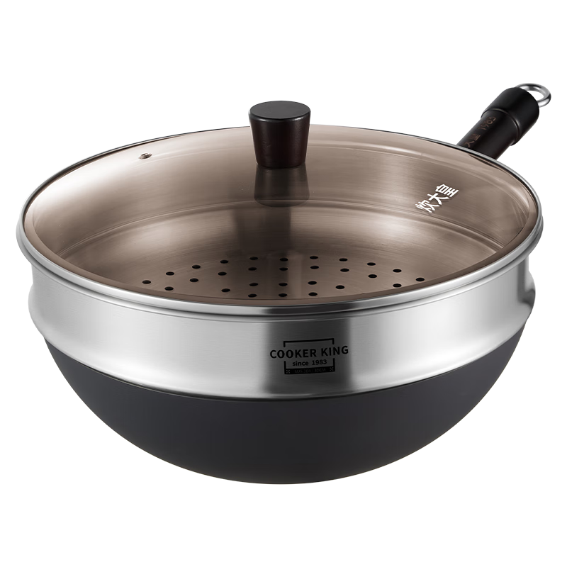 炊大皇铁锅炒菜锅家用健康无涂层炒锅燃气灶专用不锈极铁锅带蒸屉32cm