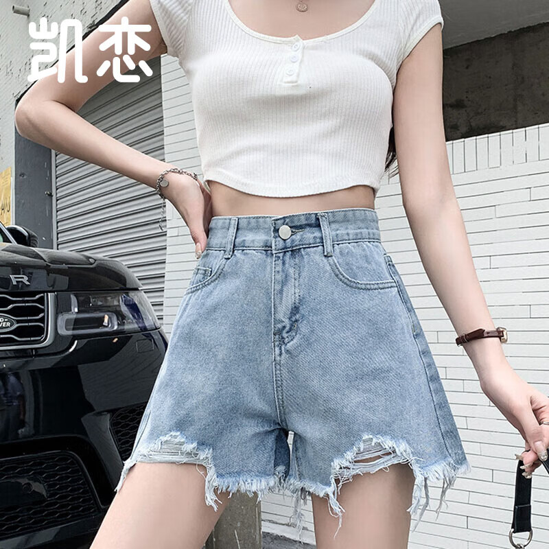 凯恋高腰毛边短裤牛仔裤女宽松显瘦百搭阔腿辣妹风a字型热裤p8k52